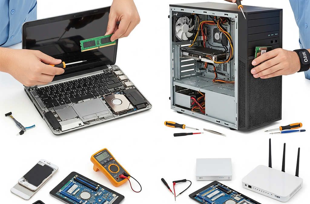 Close-up of a technician repairing a computer motherboard